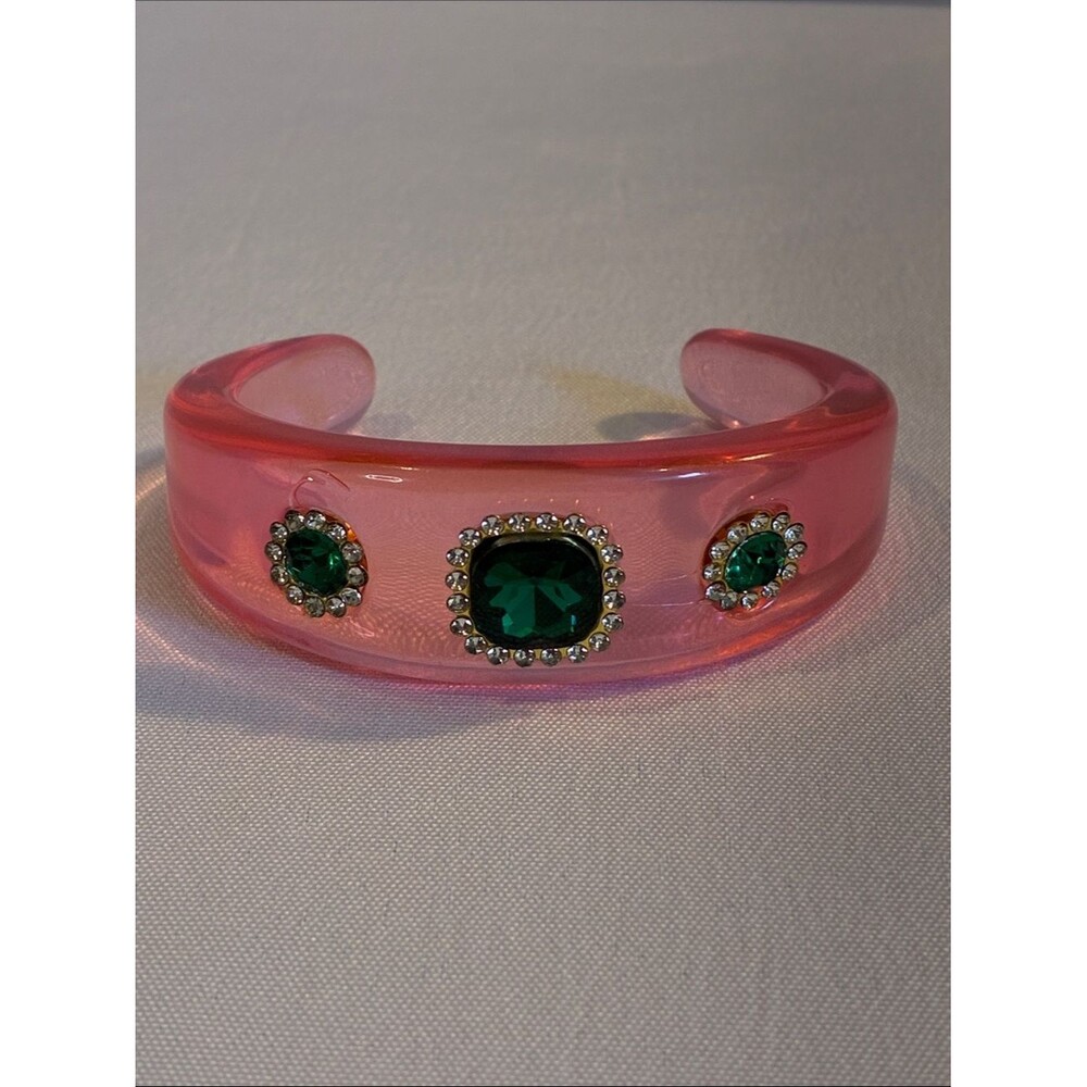 Pink acrylic bold chunky summer cocktail cuff bracelet with green center stone